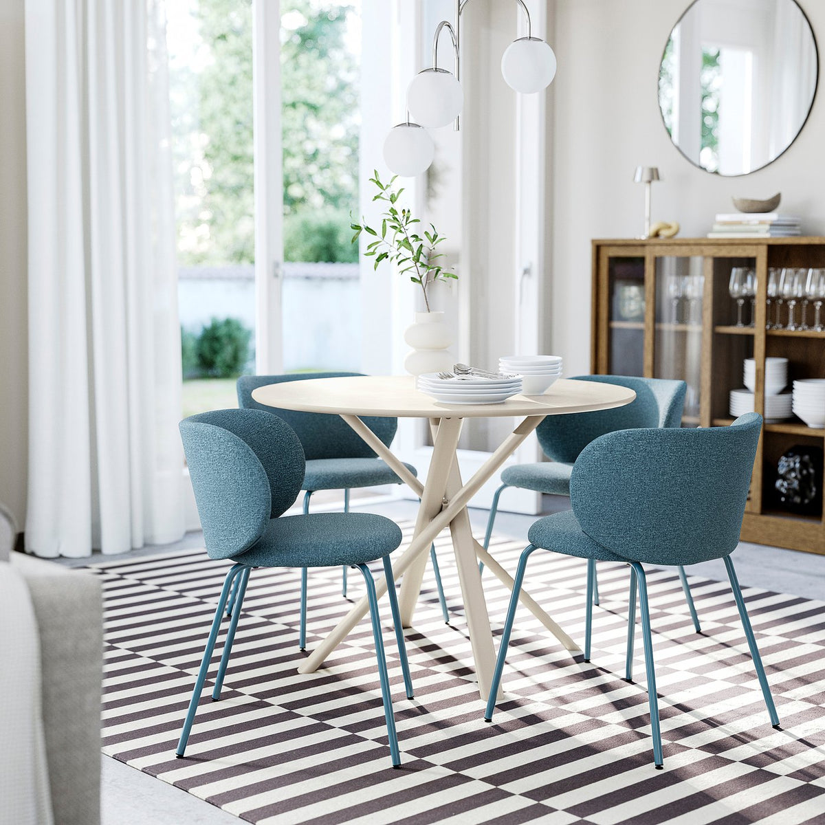 NORRMJÖLE / KRYLBO table and 4 chairs, beige marble effect/Axvall blue, 105 cm