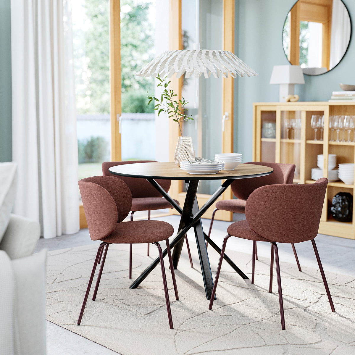 NORRMJÖLE / KRYLBO table and 4 chairs, oak effect black/Tibbleby dark red, 105 cm