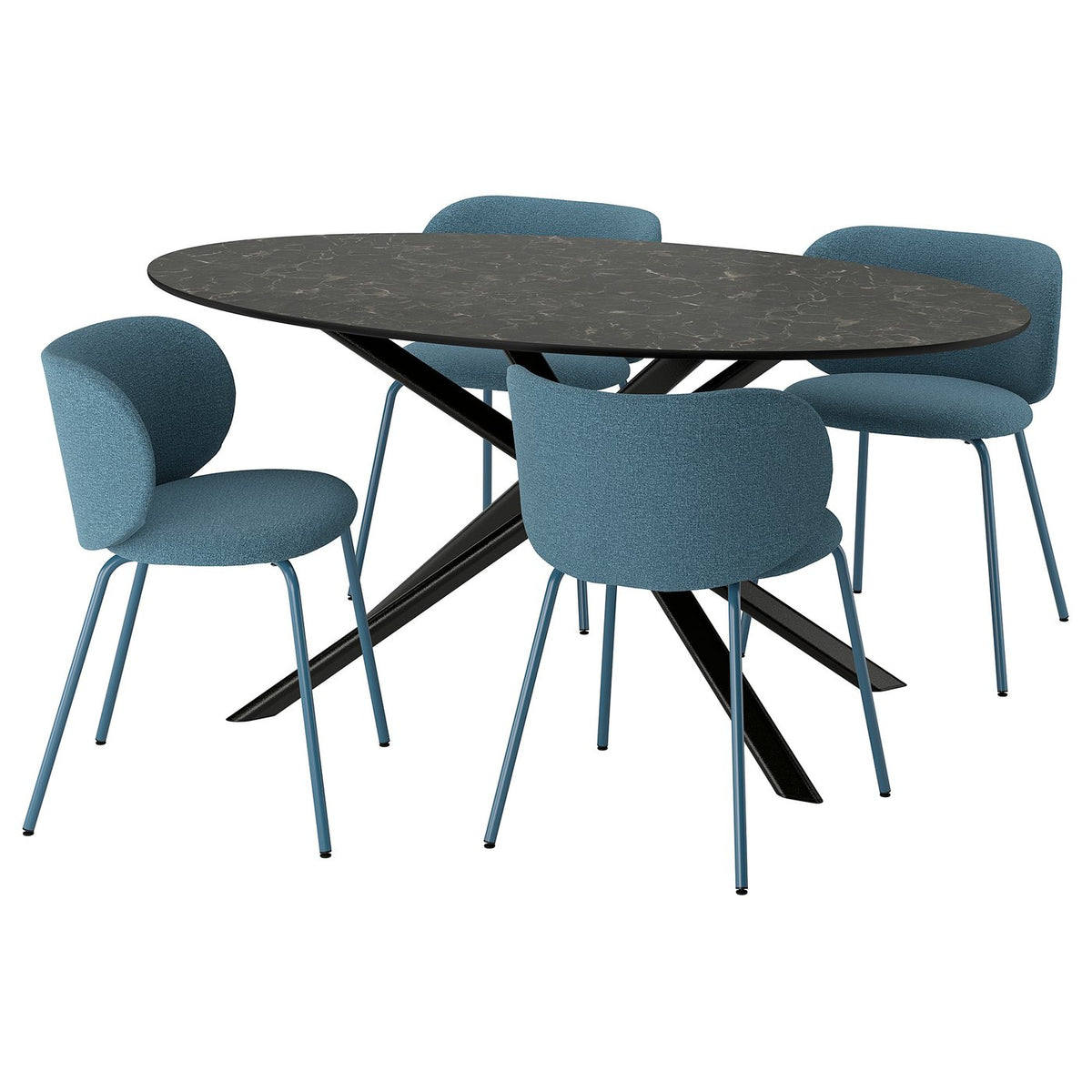 NORRMJÖLE / KRYLBO table and 4 chairs, black marble effect/Axvall blue, 170x97 cm