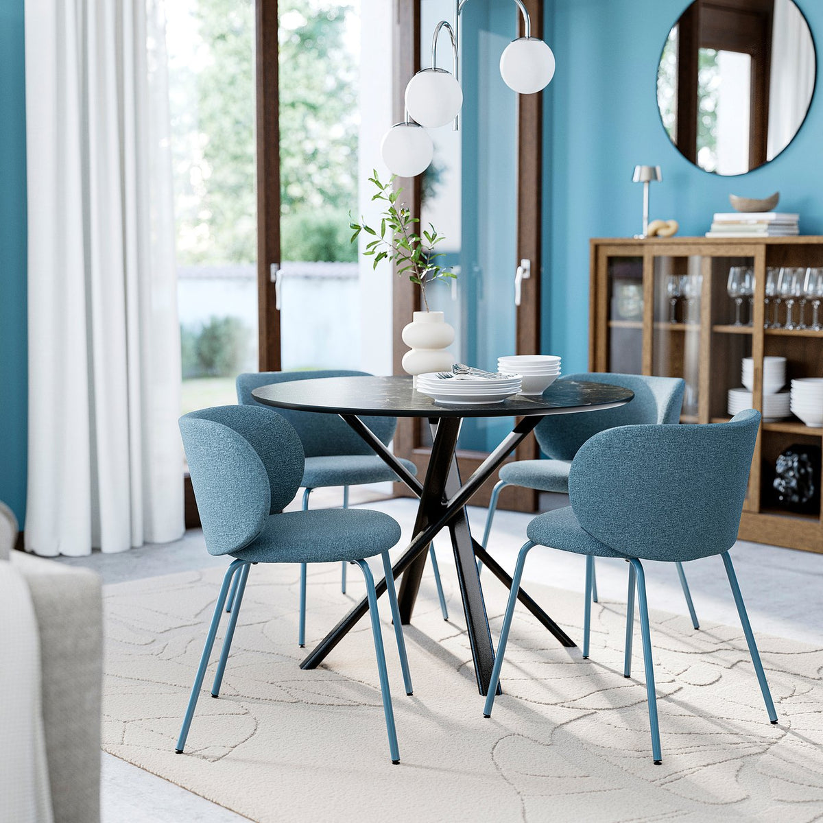 NORRMJÖLE / KRYLBO table and 4 chairs, black marble effect/Axvall blue, 105 cm