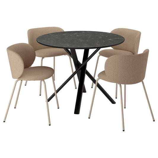 NORRMJÖLE / KRYLBO table and 4 chairs, black marble effect/Tonerud dark beige, 105 cm