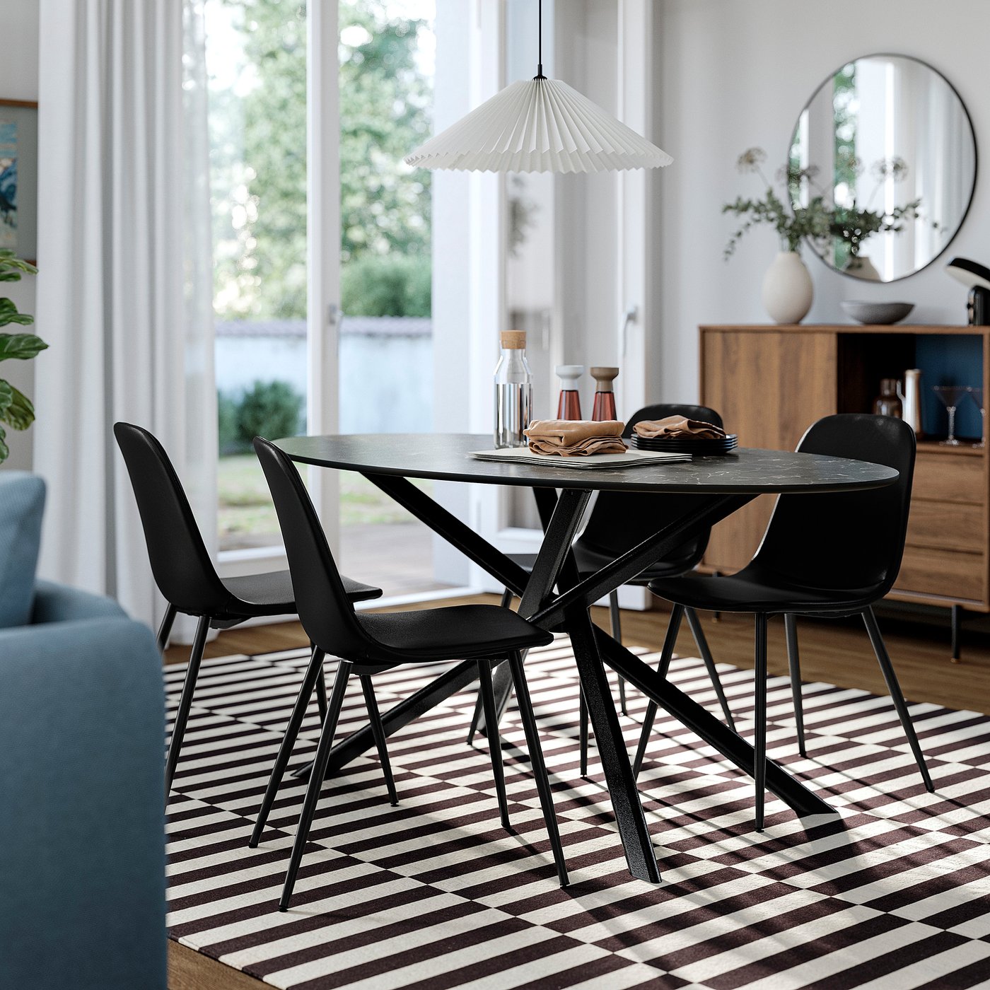 NORRMJÖLE / NORDMANSSKÄR table and 4 chairs, marble effect black/Bomstad black, 170x97 cm
