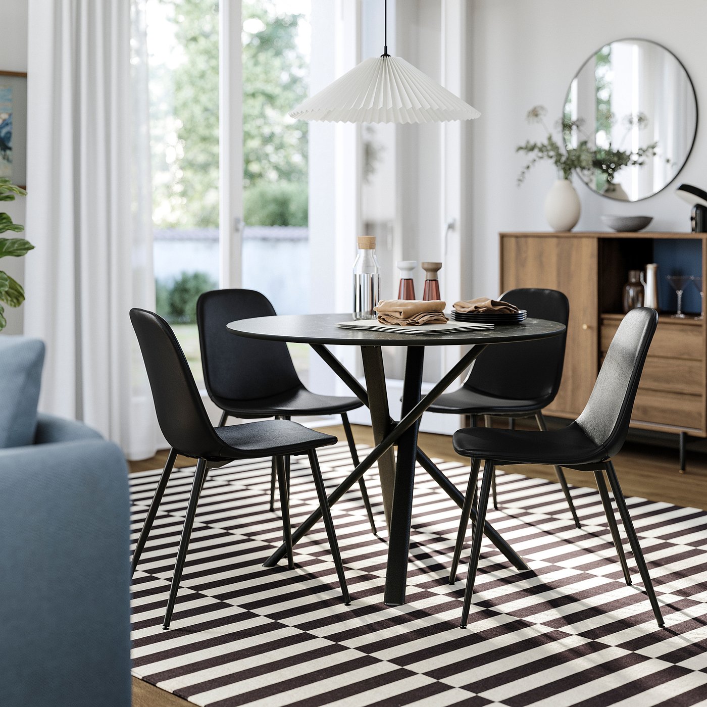 NORRMJÖLE / NORDMANSSKÄR table and 4 chairs, marble effect black/Bomstad black, 105 cm