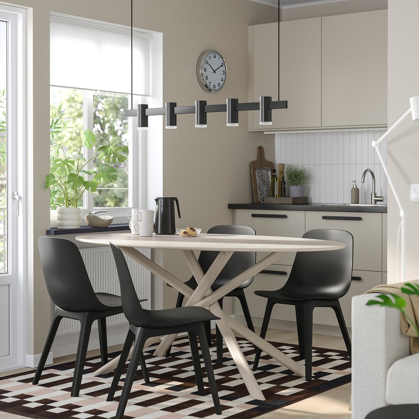 NORRMJÖLE / ODGER table and 4 chairs, marble effect beige/anthracite, 170x97 cm
