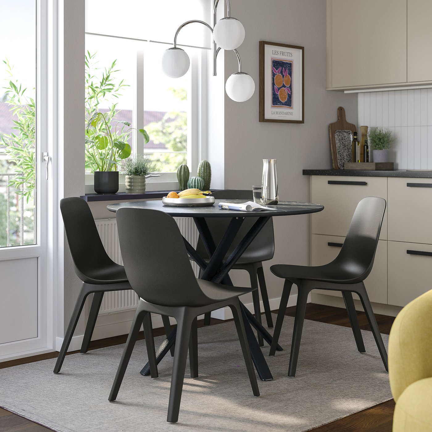 NORRMJÖLE / ODGER table and 4 chairs, marble effect black/anthracite, 105 cm