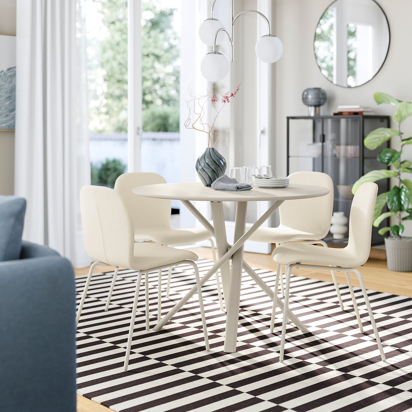 NORRMJÖLE / SKÅLSTA table and 4 chairs, marble effect beige/tubular metal/light grey-beige Knäbäck beige, 105 cm