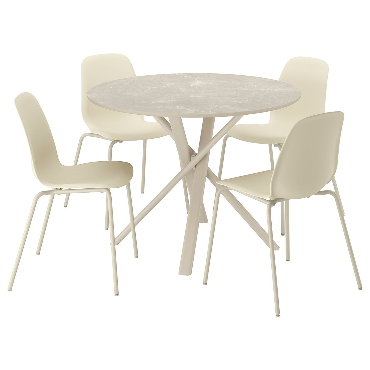 NORRMJÖLE / SKÅLSTA table and 4 chairs, marble effect beige/tubular metal/light grey-beige plastic beige, 105 cm