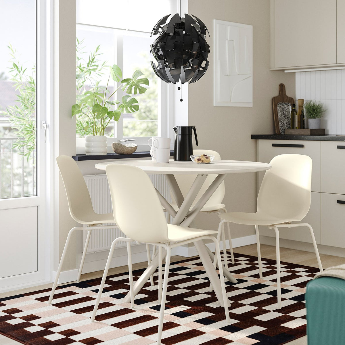 NORRMJÖLE / SKÅLSTA table and 4 chairs, marble effect beige/tubular metal/light grey-beige plastic beige, 105 cm