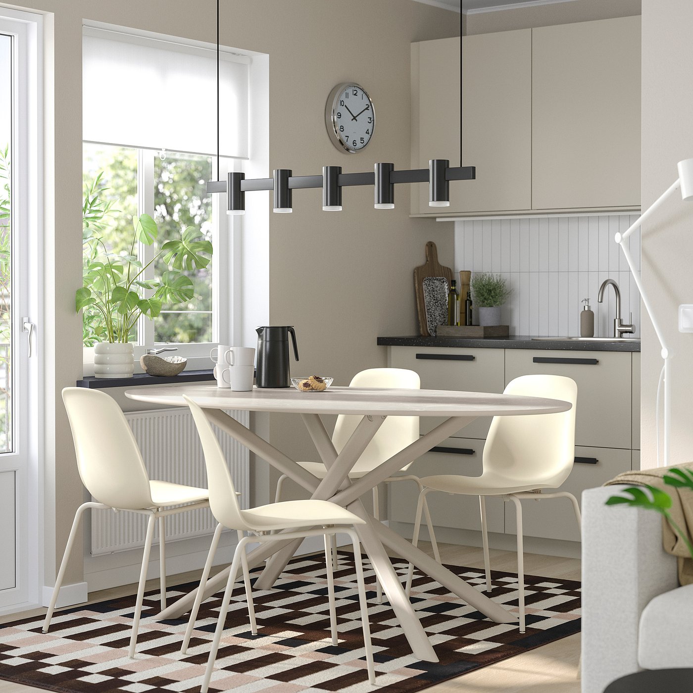 NORRMJÖLE / SKÅLSTA table and 4 chairs, marble effect beige/tubular metal/light grey-beige plastic beige, 170x97 cm