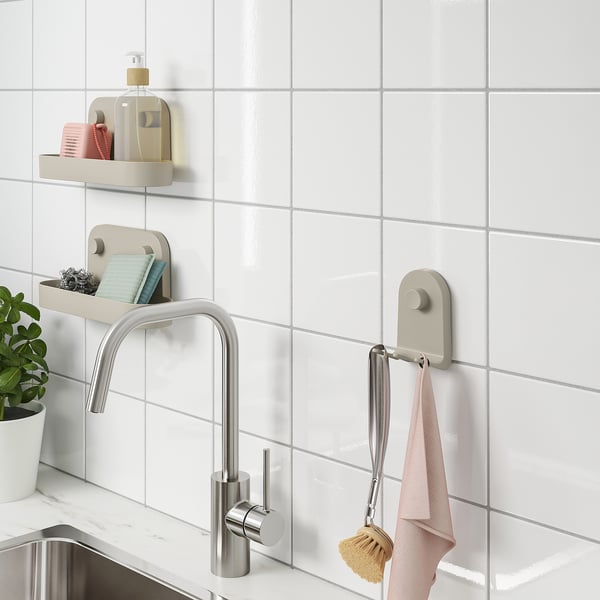 ÖBONÄS - Triple hook with suction cup, grey-beige,7x11 cm