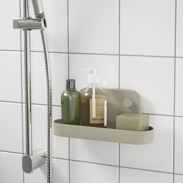 ÖBONÄS wall shelf with suction cup, grey-beige, 28 cm