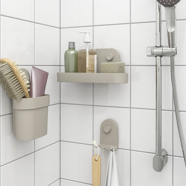 ÖBONÄS wall shelf with suction cup, grey-beige, 28 cm