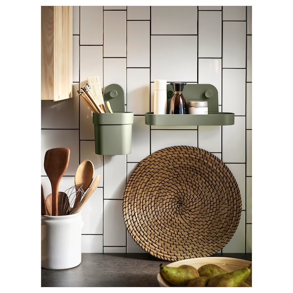 ÖBONÄS - Wall shelf with suction cup, grey-green, 28 cm