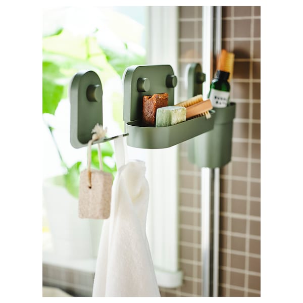 ÖBONÄS - Wall shelf with suction cup, grey-green, 28 cm