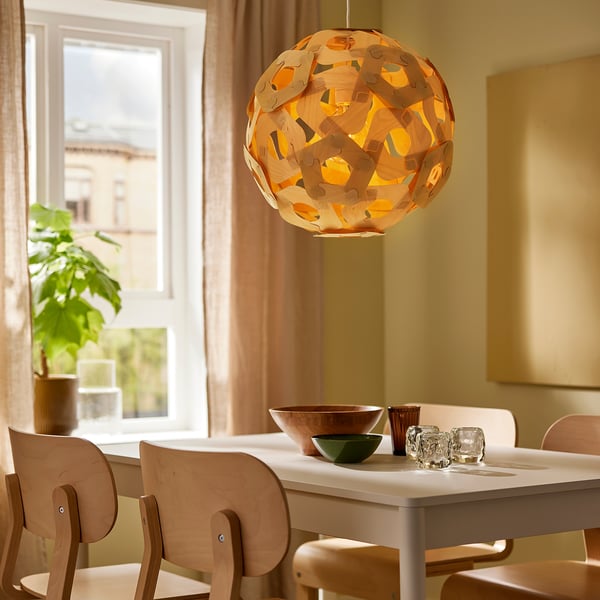 ÖDLEBLAD / SUNNEBY pendant lamp, birch veneer/white, 48 cm