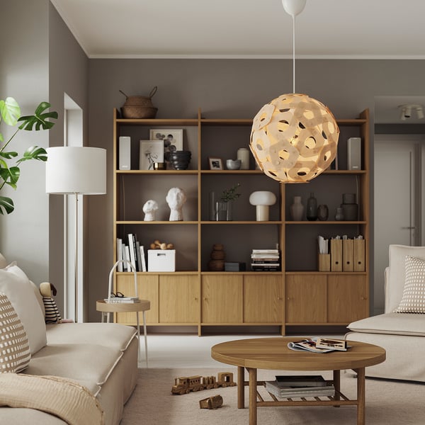 ÖDLEBLAD / SUNNEBY pendant lamp, birch veneer/white, 48 cm