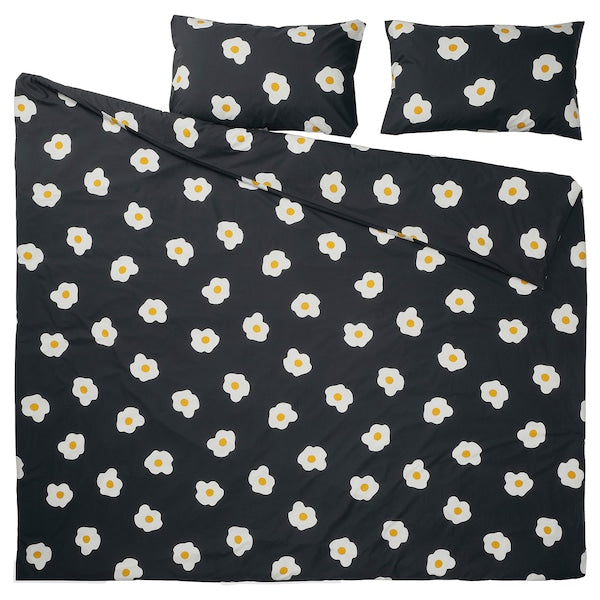 ÖGONLOCKSMAL - Duvet cover and 2 pillowcases, black/white/yellow, 240x220/50x80 cm