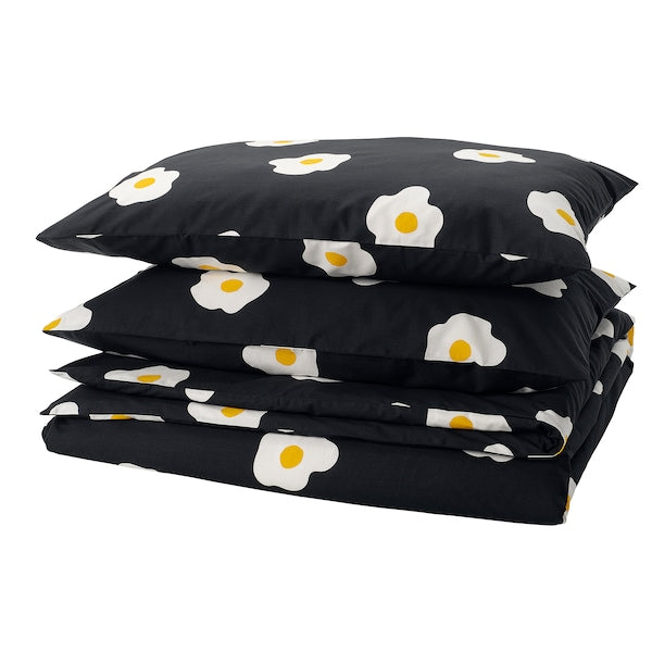ÖGONLOCKSMAL - Duvet cover and 2 pillowcases, black/white/yellow, 240x220/50x80 cm