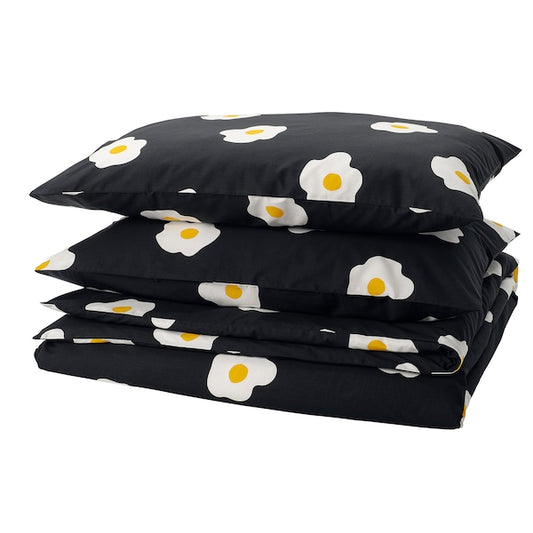 ÖGONLOCKSMAL - Duvet cover and 2 pillowcases, black/white/yellow, 240x220/50x80 cm
