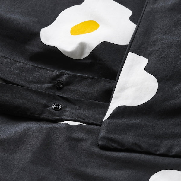 ÖGONLOCKSMAL - Duvet cover and 2 pillowcases, black/white/yellow, 240x220/50x80 cm