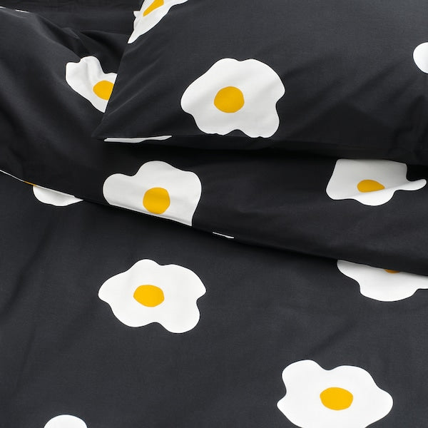 ÖGONLOCKSMAL - Duvet cover and 2 pillowcases, black/white/yellow, 240x220/50x80 cm