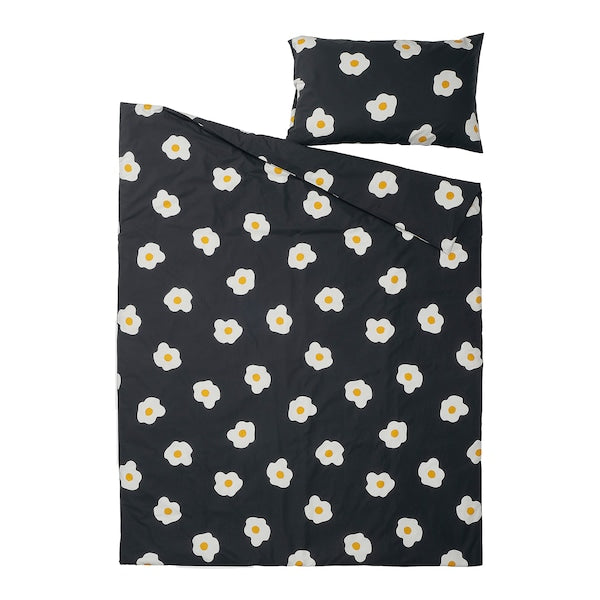ÖGONLOCKSMAL - Duvet cover and pillowcase, black/white/yellow, 150x200/50x80 cm