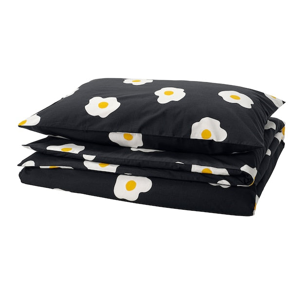 ÖGONLOCKSMAL - Duvet cover and pillowcase, black/white/yellow, 150x200/50x80 cm