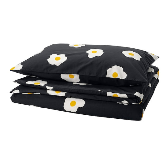 ÖGONLOCKSMAL - Duvet cover and pillowcase, black/white/yellow, 150x200/50x80 cm