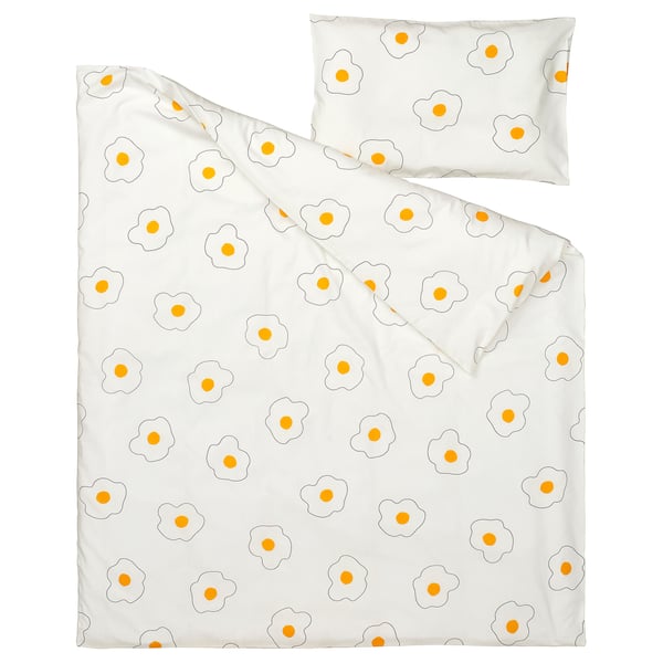ÖGONLOCKSMAL 3-piece bedlinen set for cot, flower white/yellow, 60x120 cm