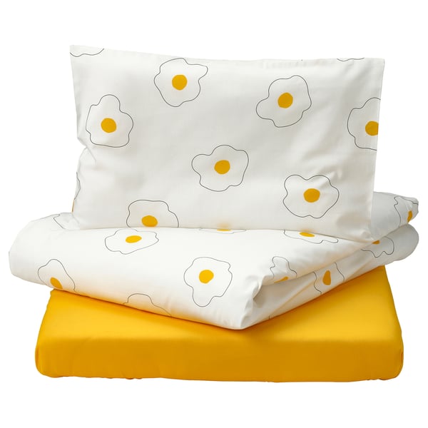 ÖGONLOCKSMAL 3-piece bedlinen set for cot, flower white/yellow, 60x120 cm