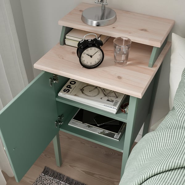 OLDERDALEN bedside table, grey-green/pine, 47x43 cm