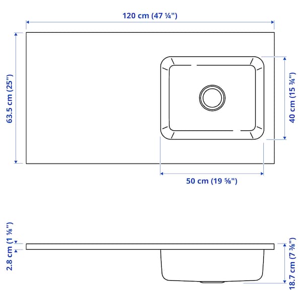 OLOFSJÖN - Worktop 1 integrated sink, stainless steel, 120x63.5 cm