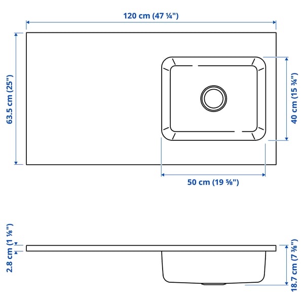 OLOFSJÖN worktop with 1 integrated sink, stainless steel, 120x63.5 cm