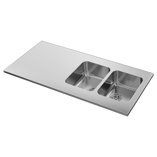 OLOFSJÖN - Worktop 2 integrated sinks, stainless steel, 140x63.5 cm