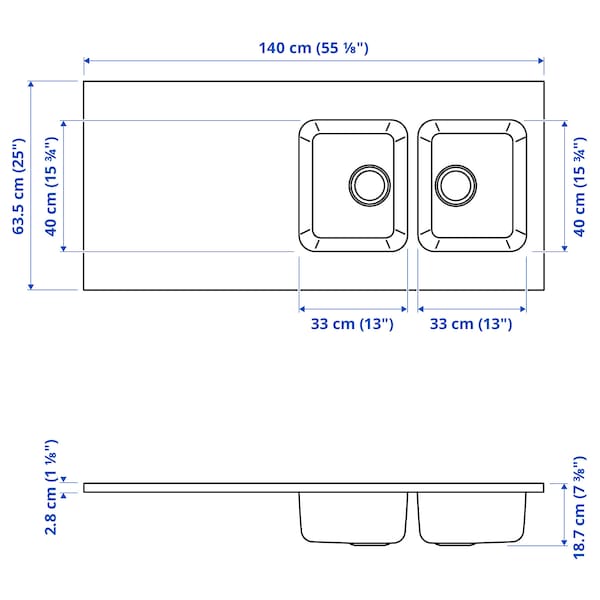 OLOFSJÖN - Worktop 2 integrated sinks, stainless steel, 140x63.5 cm