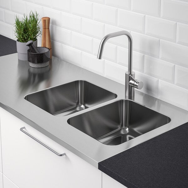 OLOFSJÖN - Worktop 2 integrated sinks, stainless steel, 140x63.5 cm