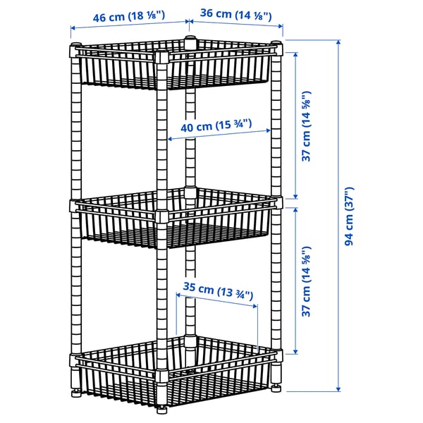 OMAR shelving unit with 3 baskets, galvanised, 46x36x94 cm