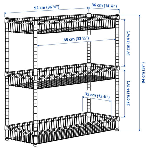 OMAR shelving unit with 3 baskets, galvanised, 92x36x94 cm