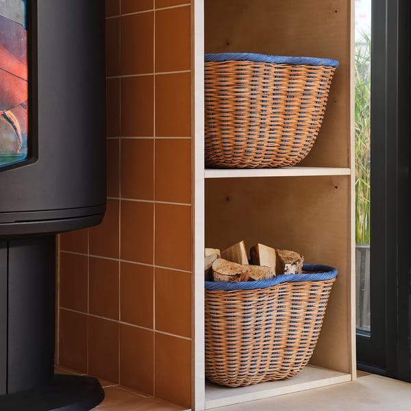 OMMJÄNGE basket, beige/blue, 40x40x26 cm