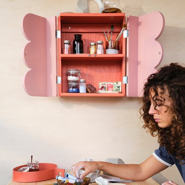 OMMJÄNGE cabinet w 2 doors and 1 shelf, pink orange/stained, 38x45 cm