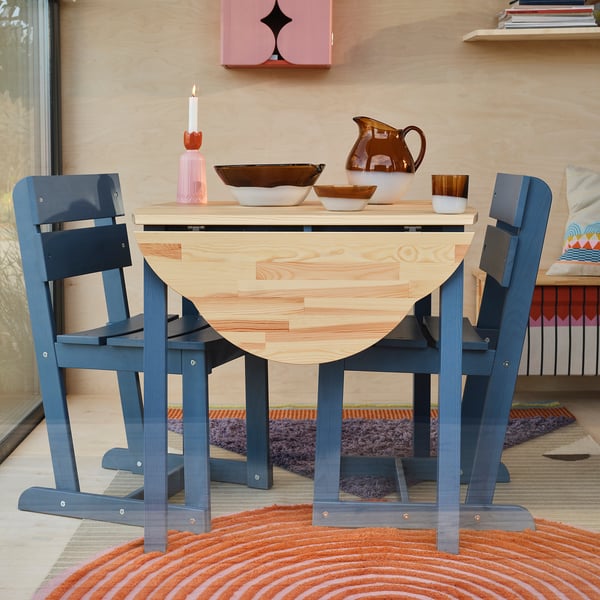 OMMJÄNGE drop-leaf table, pine/stained blue, 134x82 cm