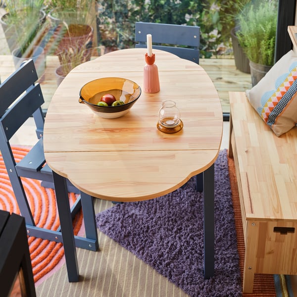 OMMJÄNGE drop-leaf table, pine/stained blue, 134x82 cm