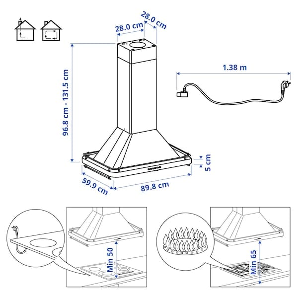 Ikea OMNEJD Ceiling extractor hood - stainless steel 90 cm , 90 cm