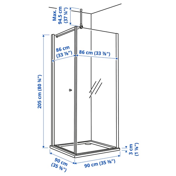 OPPEJEN / FOTINGEN corner shower with tray, 90x90x205 cm