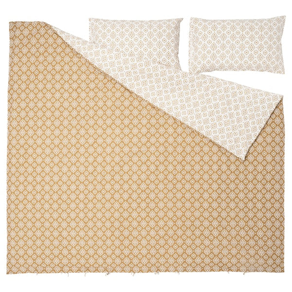 ORMÄNGSFLY - Duvet cover and 2 pillowcases, yellow-beige/white, 240x220/50x80 cm