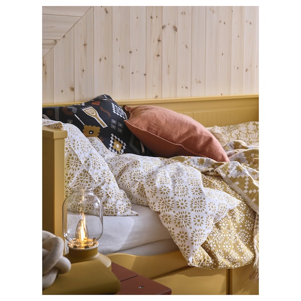 ORMÄNGSFLY - Duvet cover and 2 pillowcases, yellow-beige/white, 240x220/50x80 cm