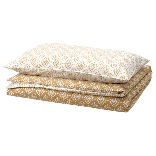 ORMÄNGSFLY - Duvet cover and pillowcase, yellow-beige/white, 150x200/50x80 cm