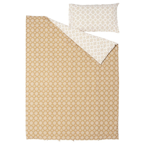 ORMÄNGSFLY - Duvet cover and pillowcase, yellow-beige/white, 150x200/50x80 cm