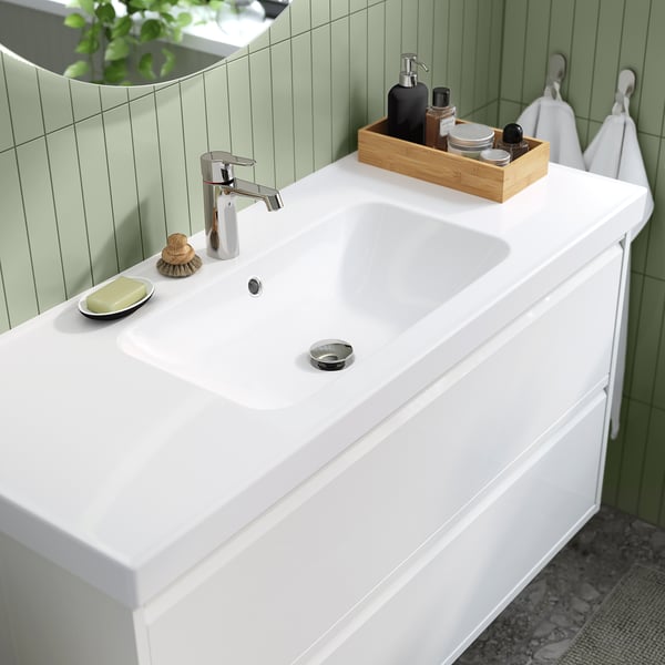 ORRSJÖN wash-basin with water trap, white, 122x49 cm