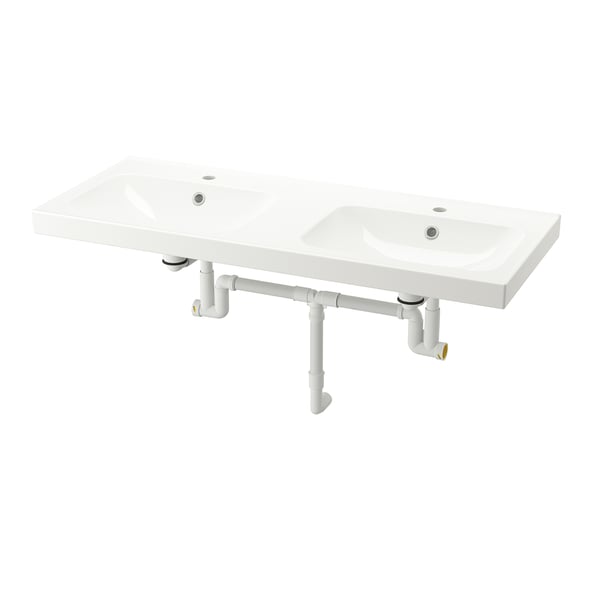 ORRSJÖN double wash-basin with water trap, white, 122x49 cm